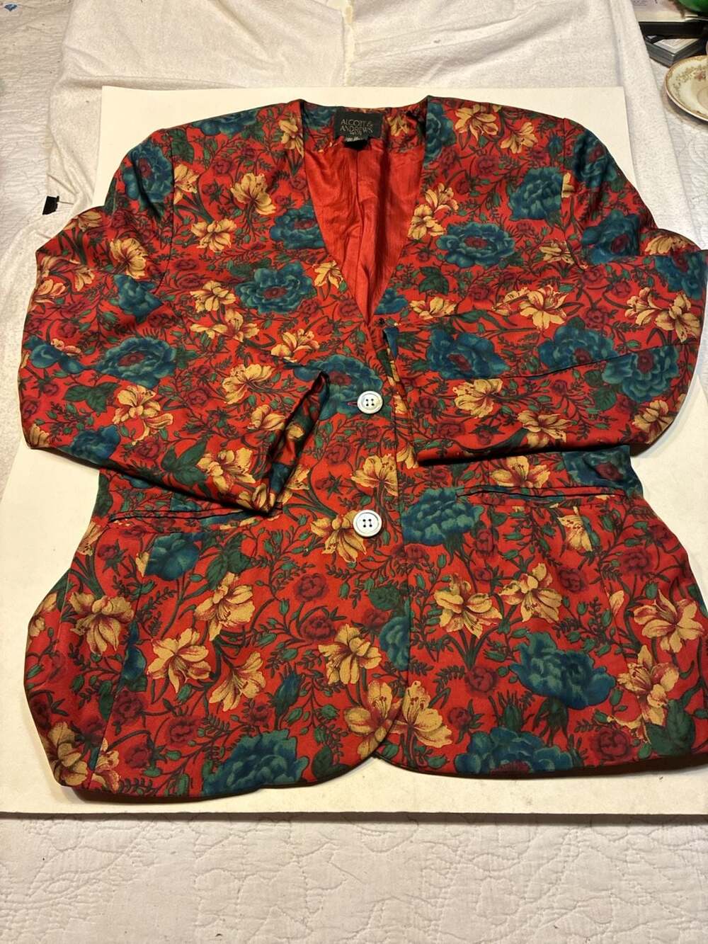 Alcott & Andrews Petite 100% Silk Red Floral Print Blazer Size 12